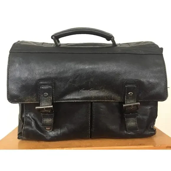 Kenneth Cole New York Black Leather Laptop Computer Messenger Doctors Case Bag