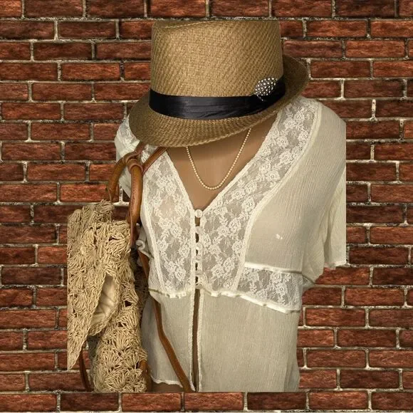 Free People Cream Lace Trim Button-Front Blouse