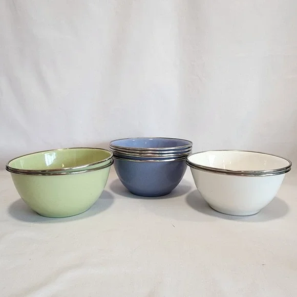Pottery Barn Enamelware Bowls Set of 9 Pastel Green Blue White Metal Farmhouse