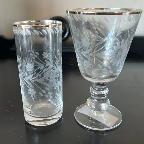 Pottery Barn Etched Glass Tumbler & Goblet