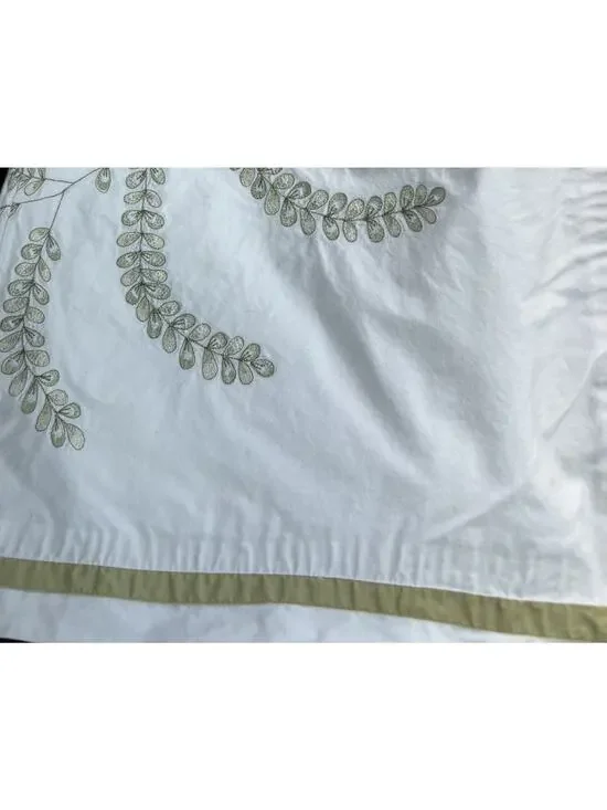 Pottery Barn Floral Embroidered Green Fern White Duvet Cover Botanical Queen