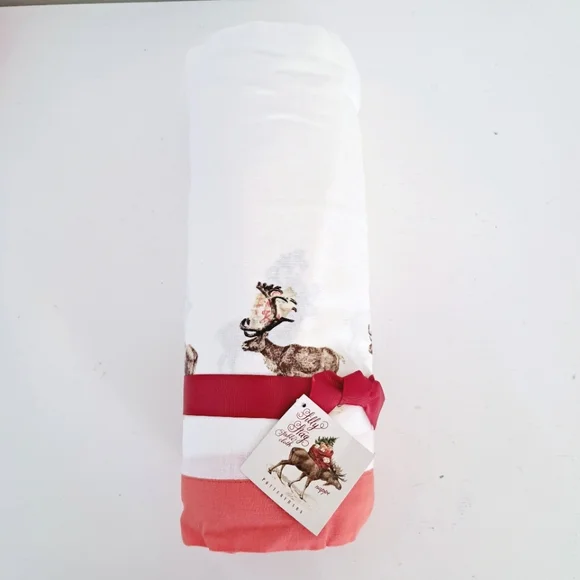 Pottery Barn Christmas Silly Stag Tablecloth 70x108 Cotton Linen Holiday NEW