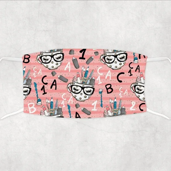 Women's Girls Pink Gold Sparkly School Design Custom Hand Pressed Face Mask