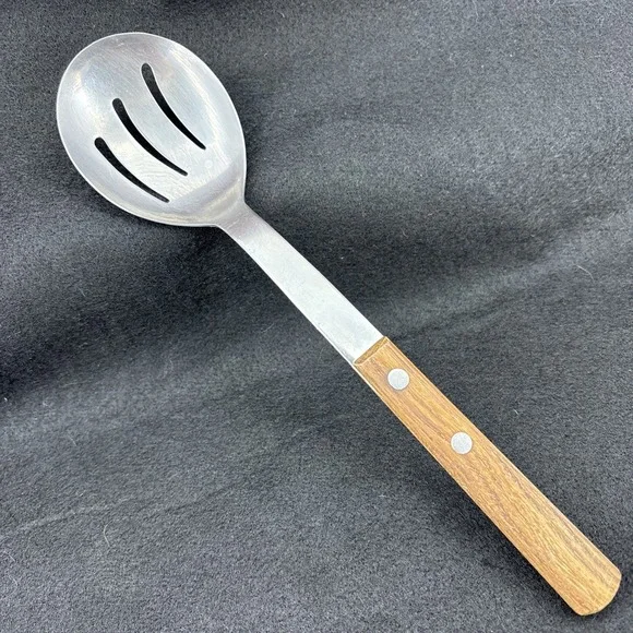 Vintage NO AD Barretts Japan Slotted Stainless Serving Spoon Wood Handle 10