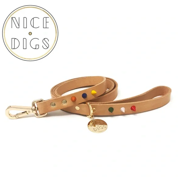 Nice Digs Original Spike Leather Dog Leash- Jungle Tan