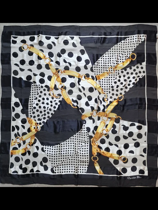 Auth Dior Polka Dot Chain Motif Silk Scarf
