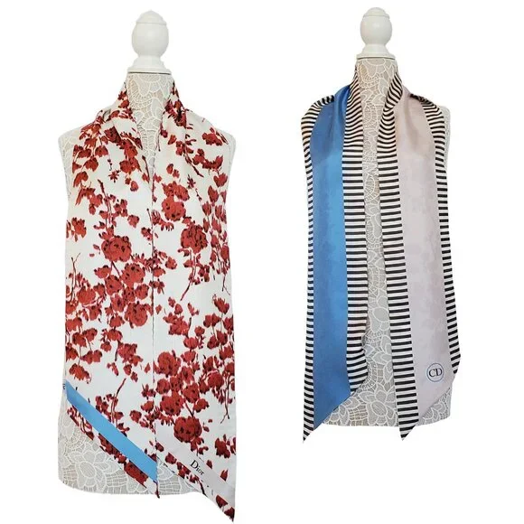 CHRISTIAN DIOR SCARF REVERSIBLE BIMOTIF FLORAL STRIPED LOGO SILK OBLIQUE 74