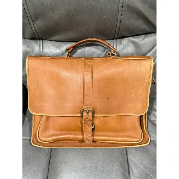 Green Fields America Tan Full Grain Leather Briefcase Satchel Made in USA