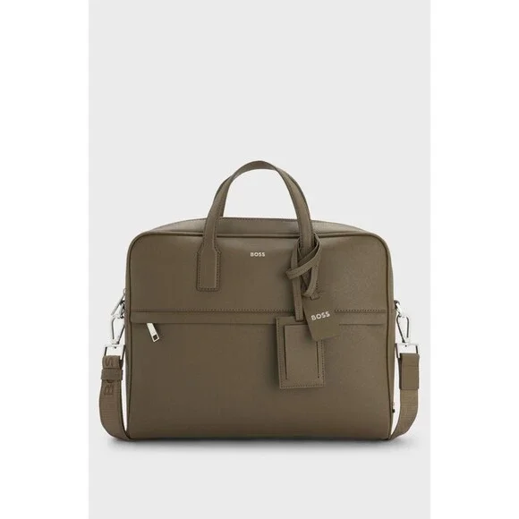 HUGO BOSS Mens Briefcase Doc Case Brown Khaki Regenerated Leather Logo ZAIR S