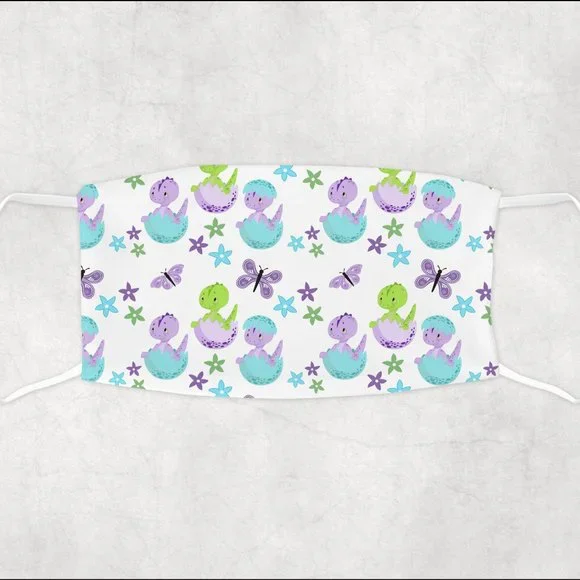 Girls Purple and Green Dinasaur Kids Face Mask