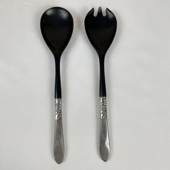 Vintage Salad‎ Serving Utensil Set Plastic & Metal Floral Pattern