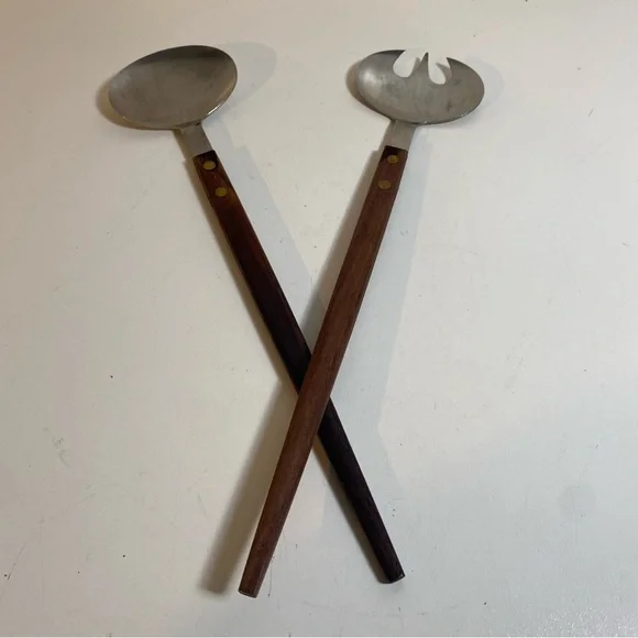 Vintage Barlow 1960s Japanese MCM Stainless Wood Salad Server Set 11” Length