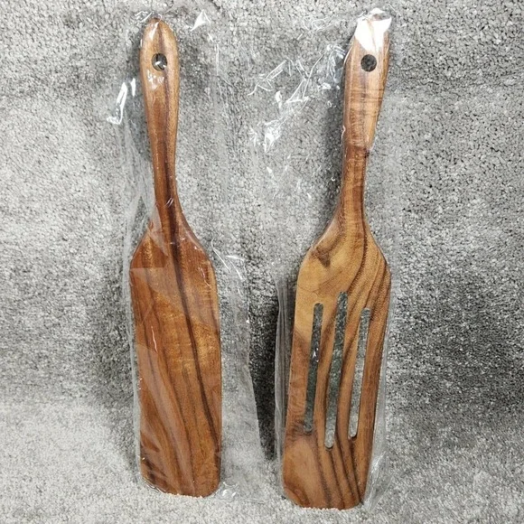 Wooden Salad Server Set Brown Slotted and Solid Paddles
