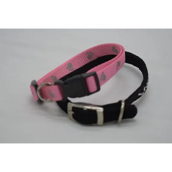 Pink w/ grey Paw Print & Black w/ Rhinestones Dog Collars Small Dog Adjustable