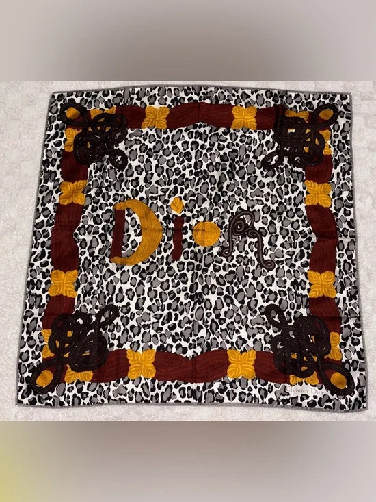 Vintage Christian Dior Leopard Print Silk Scarf Golden Dark Red & Brown Accents