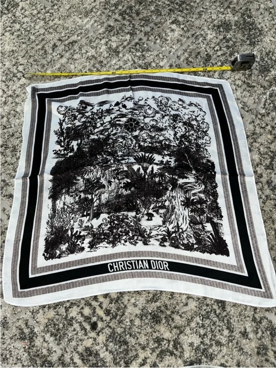 Dior Black and White Toile Silk Scarf with Neutral Stripes