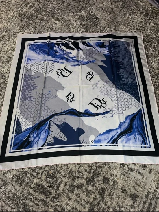 Dior Blue, Navy & White Marble Logo Silk Scarf