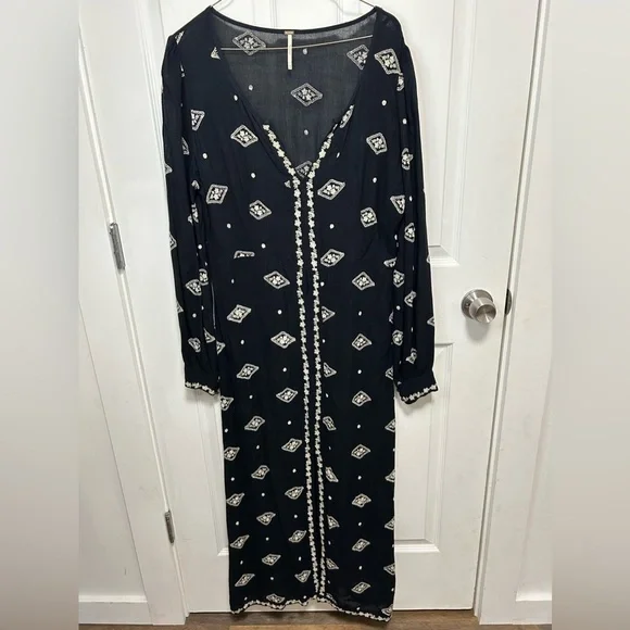 Free People Black Dress with White Embroidery