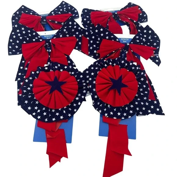 6pc Patriotic Bow and Rosette Set Red White Blue‎ Stars July 4th Americana Decor