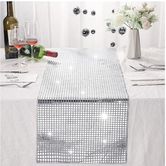 DISCO Retro Metallic Tile Sequin Table Runner Decor 2 pc Bundle NWT