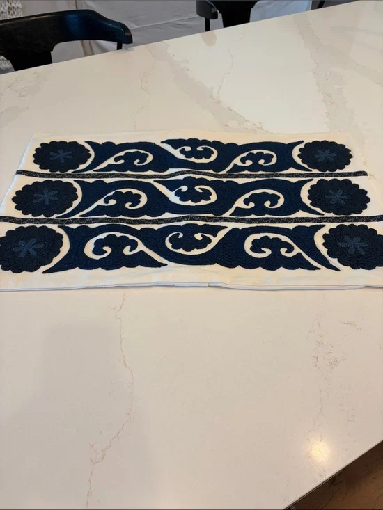 Pottery Barn Navy Blue and White Embroidered Pillow Cover 16 X 26