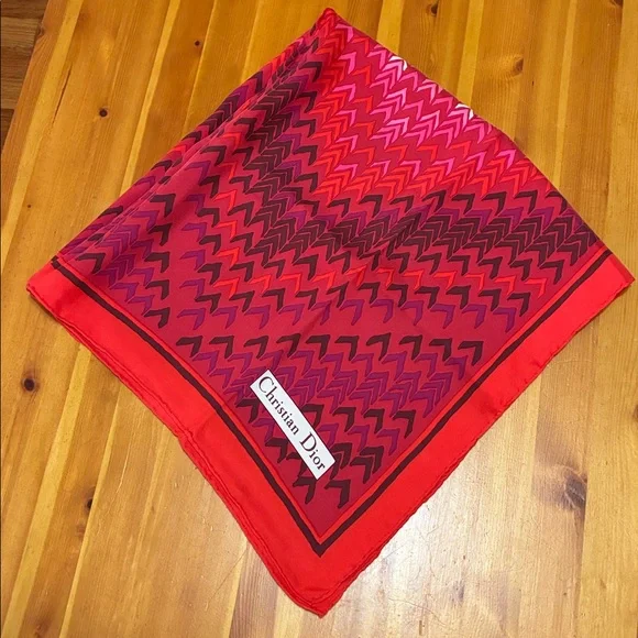 Vintage Christian Dior Silk Vibrant Red and Pink Patterned Scarf
