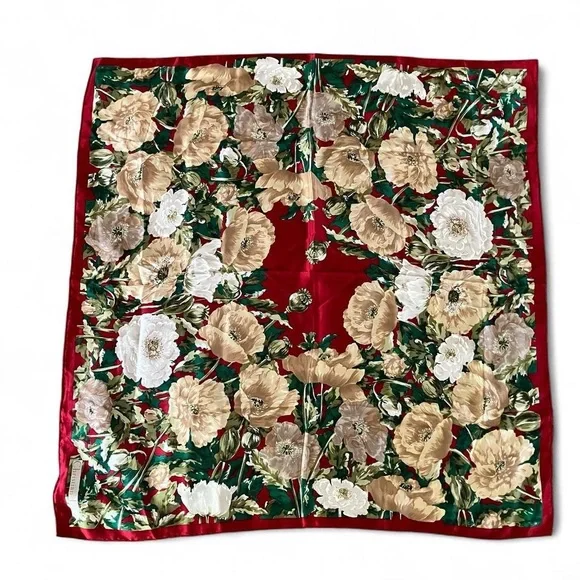 Christian Dior Floral Silk Scarf with Red Border Rare