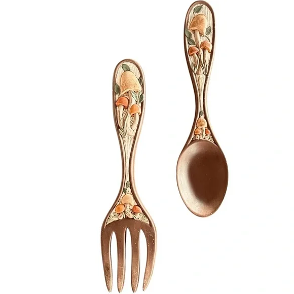 Vintage 1970’s Handcrafted Mushroom Design Fork and Spoon Set Wall Decor