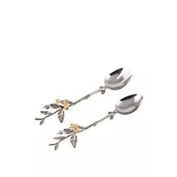Fitz & Floyd Woodgrove Silver Tone Salad Serving Set Fork & Spoon Twigs