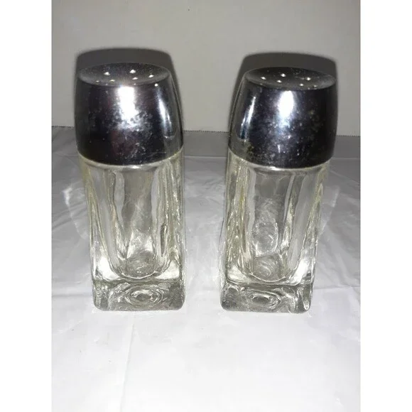 Vintage Heavy Clear Glass Salt And Pepper Shakers 4.25 inches tall