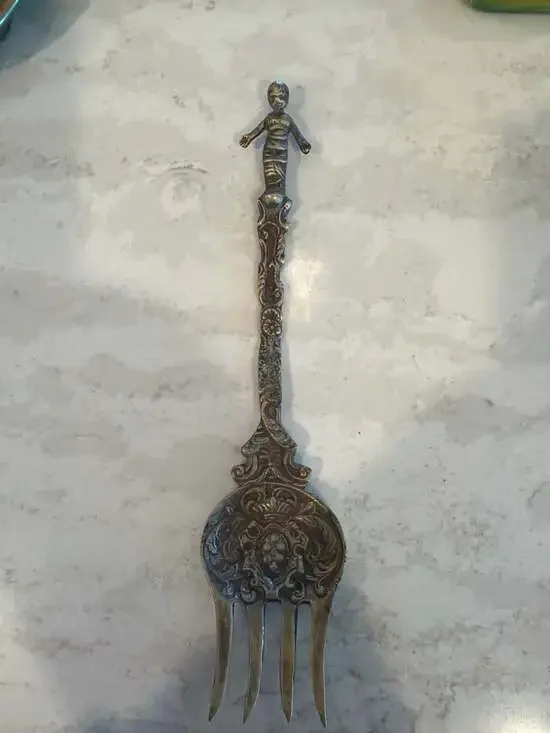 Vintage Montagnani Italy Ornate Brass Serving Fork with Swaddled Bambino and Med
