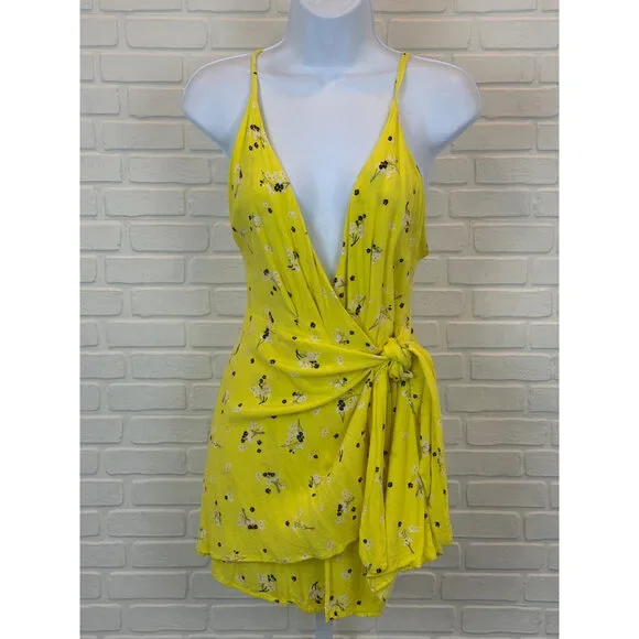 Free People Bright Yellow Floral Wrap Romper Size 2