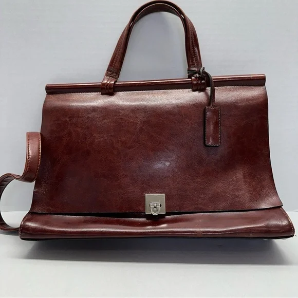 Vtg RinaRich Brown Leather Structured Satchel Handbag Top Handle Crossbody Purse