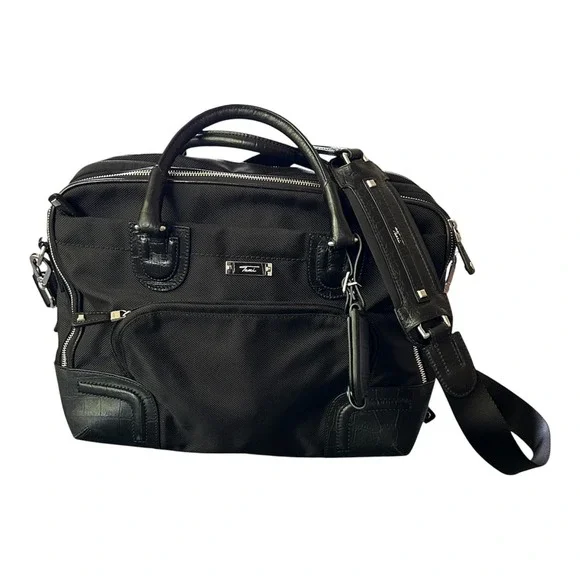 TUMI Black Ballistic Nylon Croc Embossed Leather Laptop Briefcase Bag