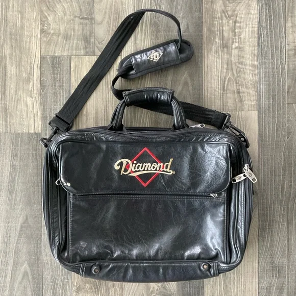 VTG Diamond Sports Embroidered Leather Briefcase Bag Black 16”x11”x5”