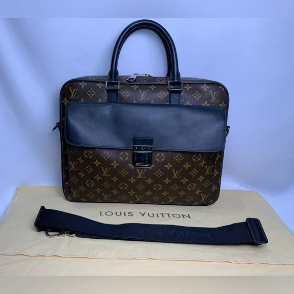 LOUIS VUITTON Monogram Macassar Soft Briefcase Silver Black