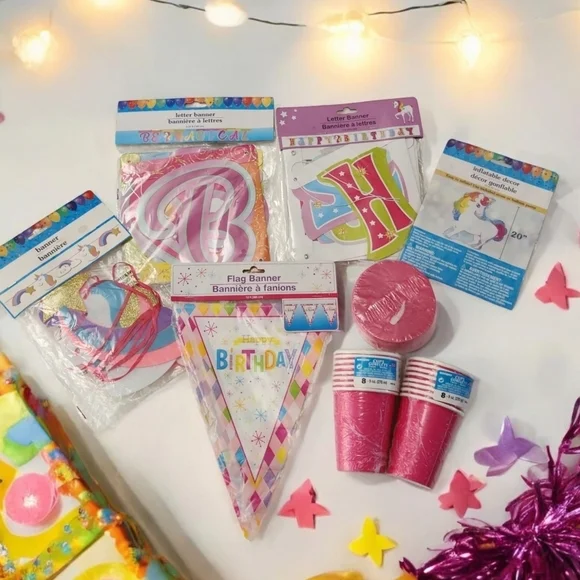 Birthday Supplies Unicorn Banners Streamer Ballon and Two Packs of Cups NWT‎