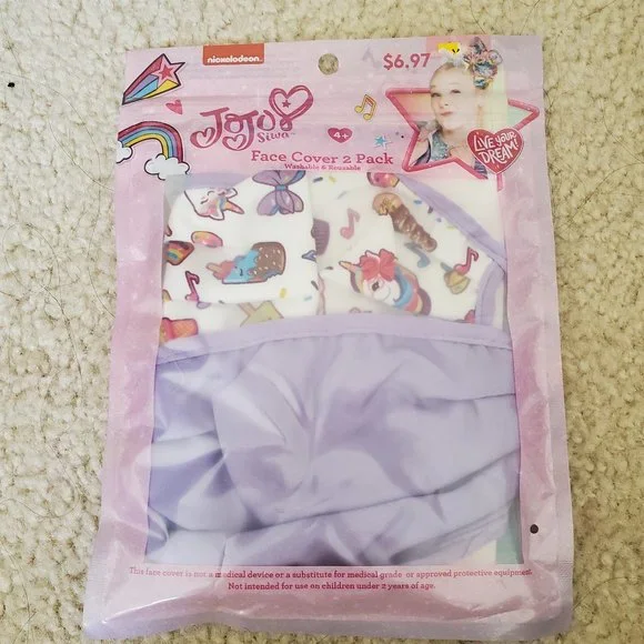 Nickelodeon Jojo Siwa Kids Face Mask Cover 2 Pack Washable & Reusable