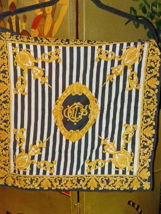 Vintage Baroque Style Christian Dior Black & White Striped Gold Medallion Scarf