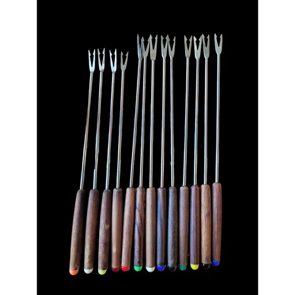 13 Vintage Fondue Forks Brown Handle With Colorful End Stainless Japan