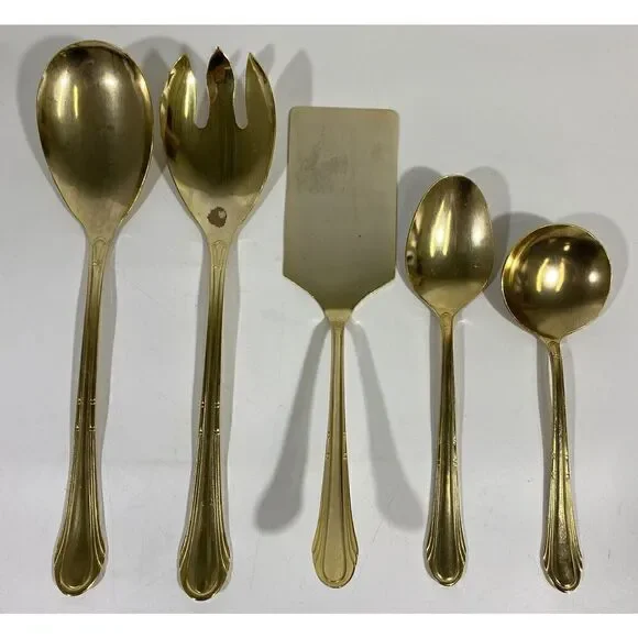 Vintage Hampton Silversmiths Gold Serving Silverware Set Salad Spoons Spatula