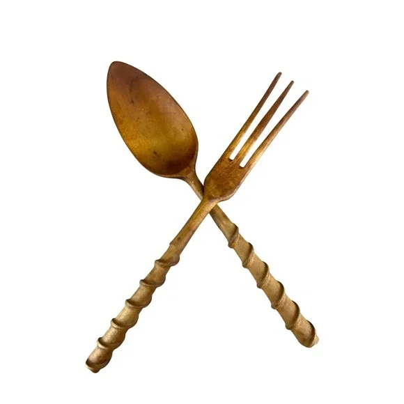 Wooden Salad Servers Rustic Spiral Hand Carved Spoon Fork Set 10