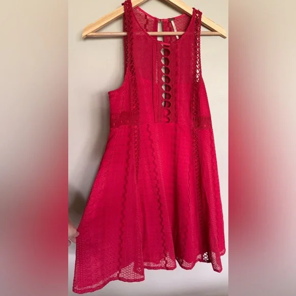 Free People Red Lace Cutout Fit & Flare Dress Size 10 Boho