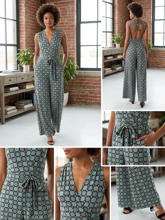 Free People Teal & Black Geometric Open-Back Jumpsuit