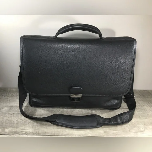 Samsonite Black Leather Briefcase Business Laptop Computer Shoulder Flapover Bag