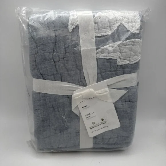 Pottery Barn Ohana King Pillow Sham‎ Chambray Blue Quilted Hawaiian Coastal
