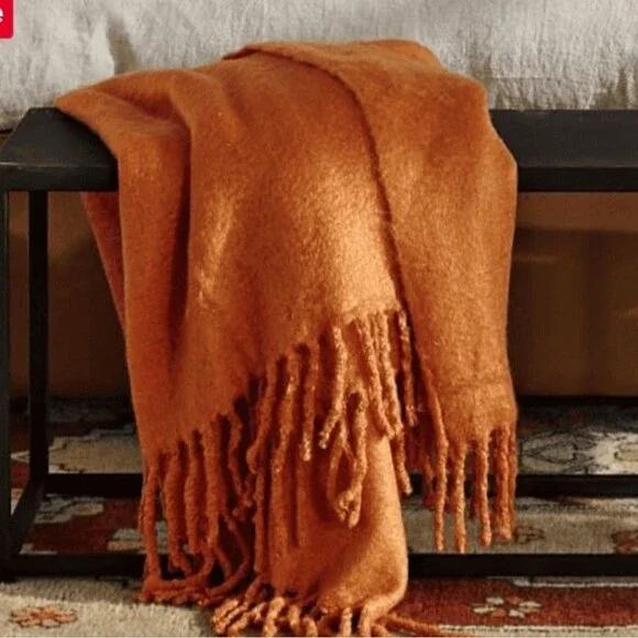 Pottery Barn Orange Mohair Style Throw 55x80 Acrylic