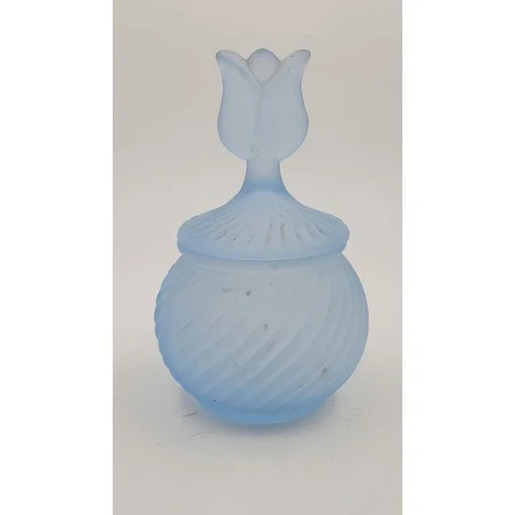 Vintage Blue Party Lite Frosted Glass Trinket Box, Vanity Container w/ Tulip Lid