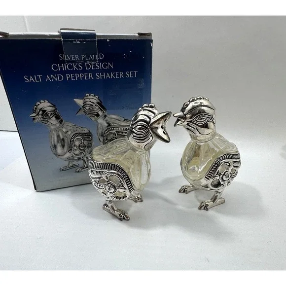 Vintage Godinger Silver Art Chick Salt & Pepper Shakers Glass Silver Plate IOB