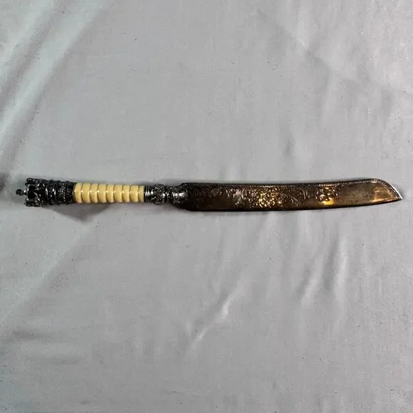 Vintage Ornate Cake Server Knife Etched Blade Crown Handle Faux Ivory 12”